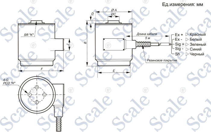 Габариты тензодатчика циллиндрического CAS HC